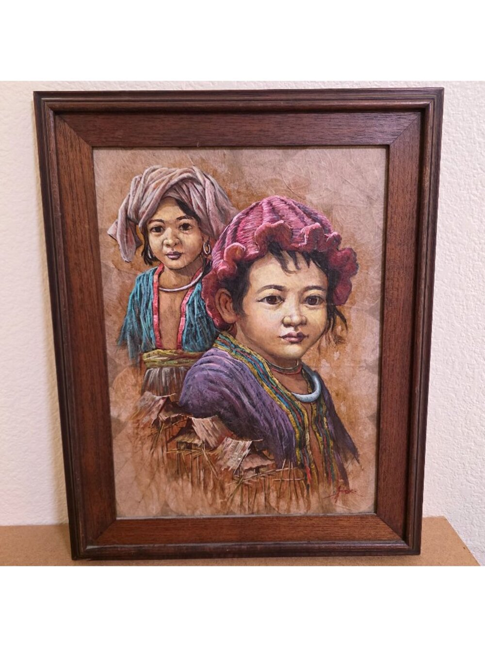 Painting On Tobacco Leaves by MAITREE JUNTAROOPAMAI Mother & Child 12x16" - Picture 1 of 13